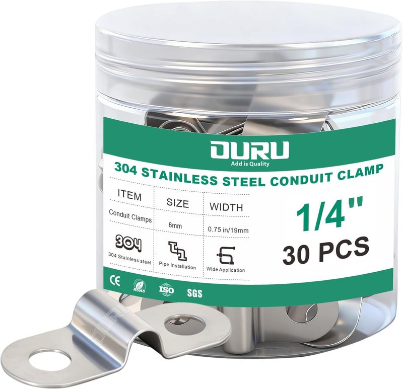 ORU 30pcs 1/4 Inch Conduit Clamp 304 Stainless Steel, Rigid Metal Pipe Clamp U Bracket, 2 Holes Pipe Strap for Automotive, Wire & Tube - Image 1